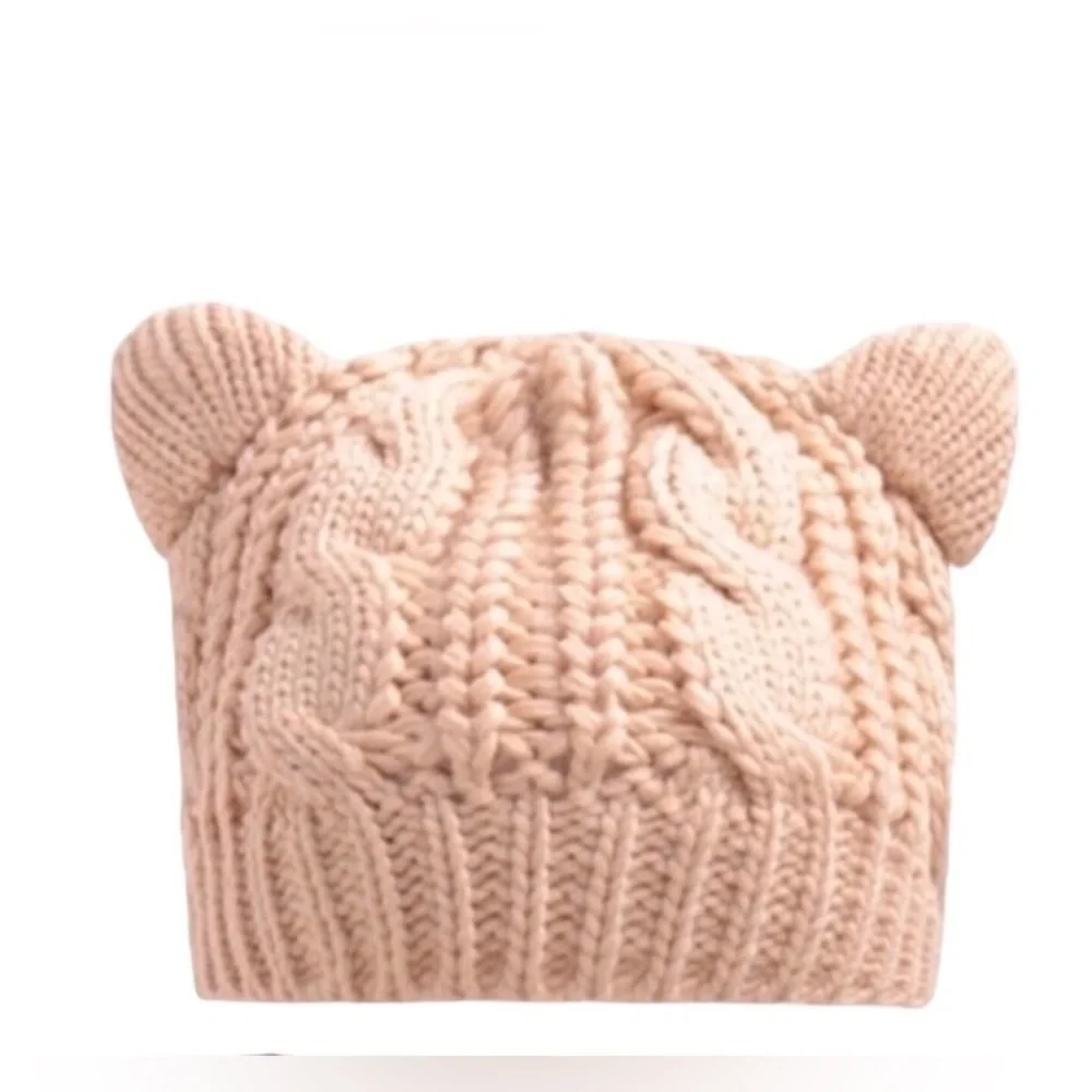Cat Ears Hand Knit Cable Wool Beanie Hats l Kitty Ear women’s Oatmeal Hat
